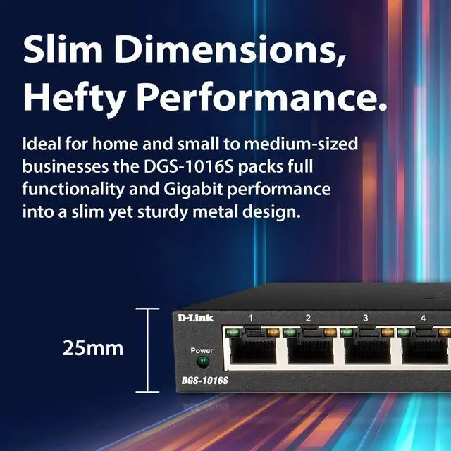 Alt view image 3 of 13 - D-Link 16-Port Gigabit Unmanaged/Plug and Play Switch | Fanless| Slim Metal Compact | Desktop - (DGS-1016S)
