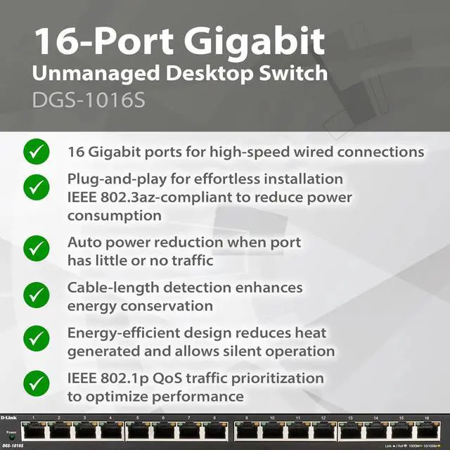 Alt view image 4 of 13 - D-Link 16-Port Gigabit Unmanaged/Plug and Play Switch | Fanless| Slim Metal Compact | Desktop - (DGS-1016S)