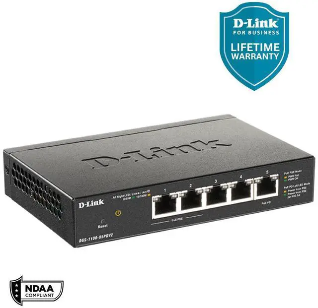 Alt view image 2 of 6 - D-Link 5-Port Gigabit Smart Managed PoE-Powered Switch | PoE Extender | 2 PoE pass-through ports | Metal Compact| NDAA Compliant - (DGS-1100-05PDV2)