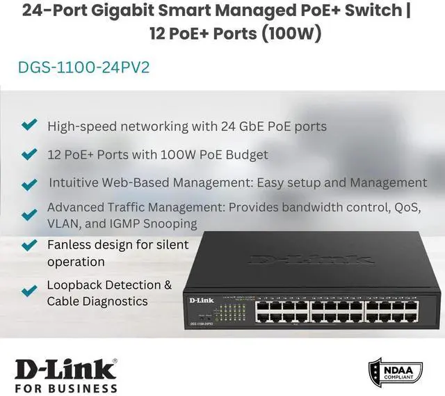 Alt view image 3 of 5 - D-Link 24-Port Gigabit Smart Managed PoE+ Switch | 12 PoE+ Ports (100W) | NDAA Compliant | Lifetime Warranty - (DGS-1100-24PV2)