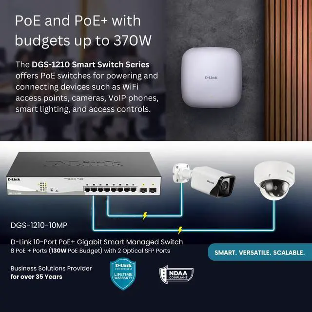 Alt view image 4 of 6 - D-Link 10-Port Gigabit Smart Managed PoE+ Switch | 8 PoE+ Ports (130W) + 2 Optical SFP Ports|L3 Lite|NDAA/TAA Compliant (DGS-1210-10MP)