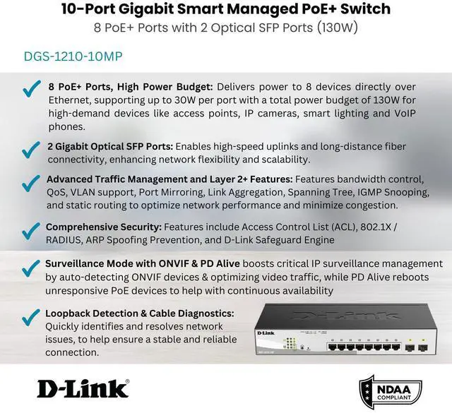 Alt view image 6 of 6 - D-Link 10-Port Gigabit Smart Managed PoE+ Switch | 8 PoE+ Ports (130W) + 2 Optical SFP Ports|L3 Lite|NDAA/TAA Compliant (DGS-1210-10MP)