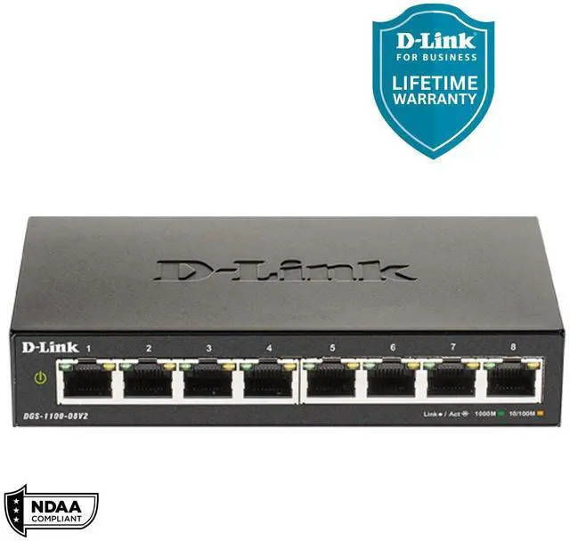 Main image of D-Link 8-Port Gigabit Smart Managed Switch | Web Managed | Cable Diagnostics | Fanless | Compact Metal Desktop | NDAA Compliant - (DGS-1100-08V2)
