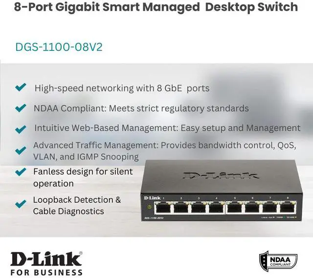 Alt view image 3 of 6 - D-Link 8-Port Gigabit Smart Managed Switch | Web Managed | Cable Diagnostics | Fanless | Compact Metal Desktop | NDAA Compliant - (DGS-1100-08V2)