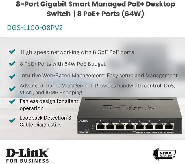 Alt view image 2 of 6 - D-Link 8-Port Gigabit Smart Managed PoE+ Switch | 8 PoE+ Ports (64W) | Compact Metal Desktop |NDAA Compliant - (DGS-1100-08PV2)