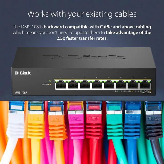 Alt view image 2 of 7 - D-Link 8-Port 2.5G PoE++ Unmanaged Switch with 8 x 2.5G PoE ports - Multi-Gig, Fanless, Plug & Play - (DMS-108P)