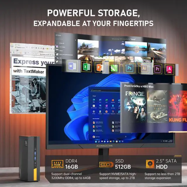 Alt view image 5 of 7 - ACEMAGIC Mini PC Intel Core i5 11500B 16GB DDR4 512GB NVME SSD Mini GAME Computers, 65W TDP Small Desktop Tower Gaming PC Support WiFi6/BT5.2/Type C/HDMI/Fan/4K/Office/Gaming,AD15