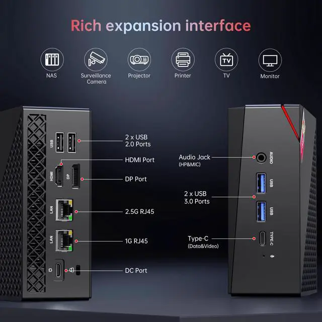 Alt view image 5 of 7 - ACEMAGIC Mini Gaming PC, AMD Ryzen 7 5700U (8C/16T, up to 4.3Ghz) 16GB DDR4 512GB SSD Mini PC Dual Channel, Mini Computers 4K@60Hz Triple Display Mini Desktop Computers Portable WiFi 6/Bluetooth 5.2