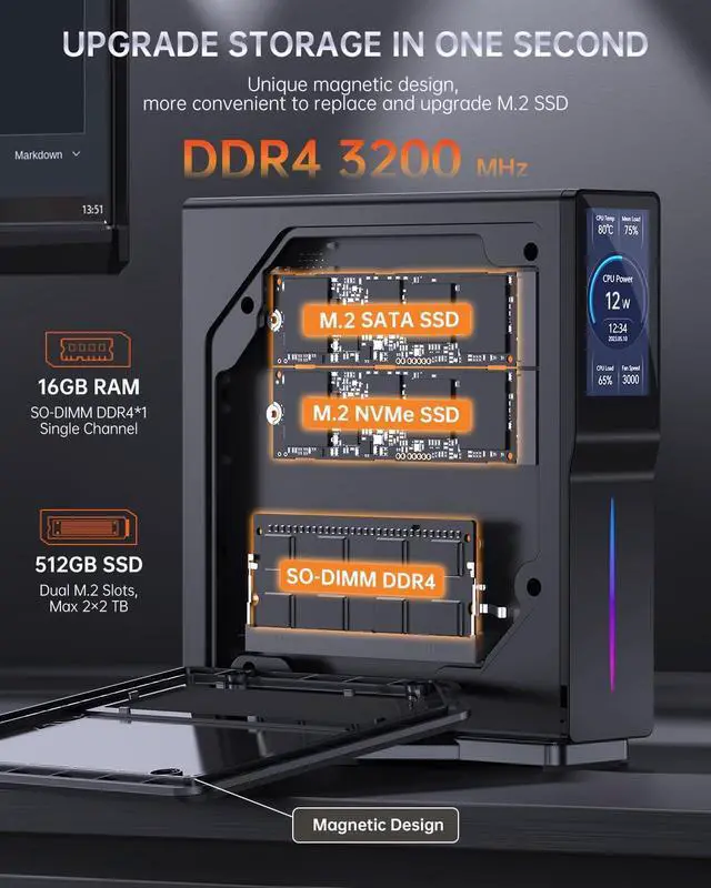 Alt view image 6 of 7 - ACEMAGIC Mini PC, Intel N97 (up to 3.6GHz, 25W TDP)16GB DDR4 512GB M.2 SSD Mini Computer, DIY LCD Screen Mini Desktop computer with RGB Light, WiFi 6/4K Dual Display, Perfect for Light Gaming/Office