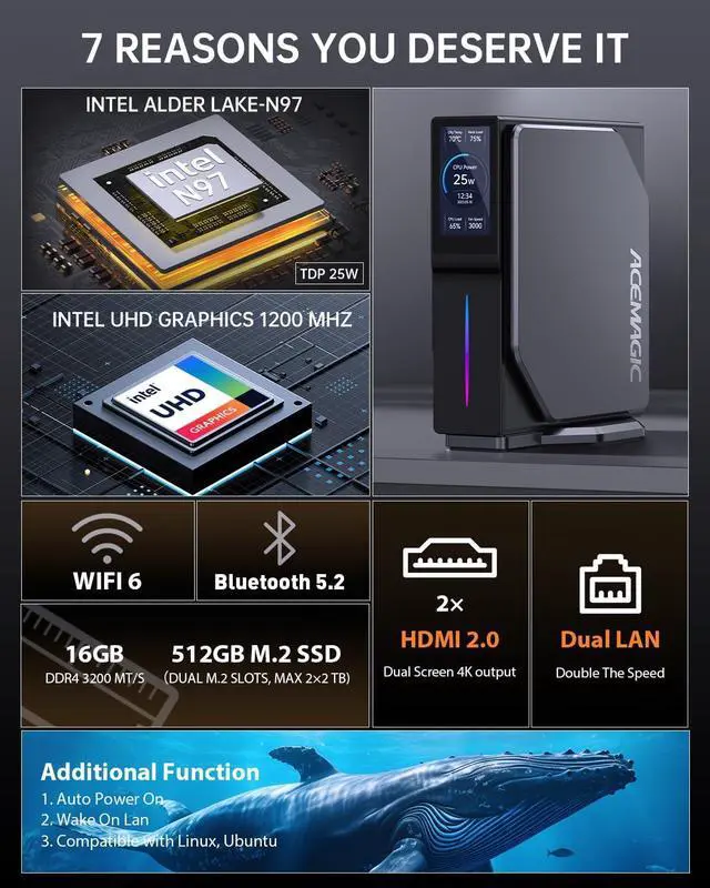 Alt view image 5 of 7 - ACEMAGIC Mini PC, Intel N97 (up to 3.6GHz, 25W TDP)16GB DDR4 512GB M.2 SSD Mini Computer, DIY LCD Screen Mini Desktop computer with RGB Light, WiFi 6/4K Dual Display, Perfect for Light Gaming/Office