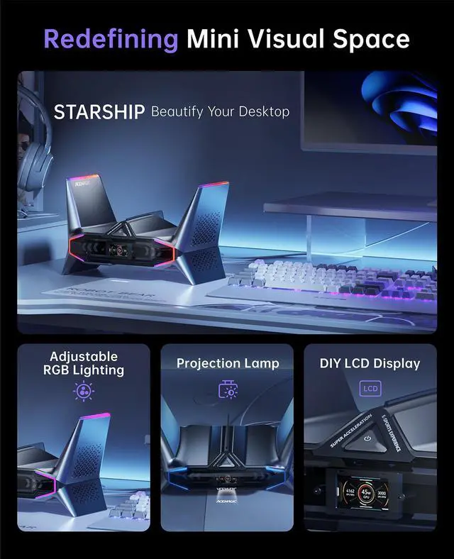 Alt view image 5 of 7 - ACEMAGIC STARSHIP Desktop Gaming PC, i9-12900H up to 5.0GHz, GeForce RTX 3070M 16GB, Mini PC Gaming 32GB DDR5 1TB PCIe3.0*4 SSD, WiFi 6, BT5.2, Dual 2.5G LAN/8K Triple Display/USB4/LCD/logo projection