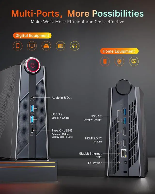 Alt view image 5 of 7 - KAMRUI Mini PC Gaming,32GB DDR5 Dual Channel 512GB SSD AMD Ryzen 7 7735HS, Support 4K Triple Screen,RGB Lights,WiFi6,BT5.2,Type C