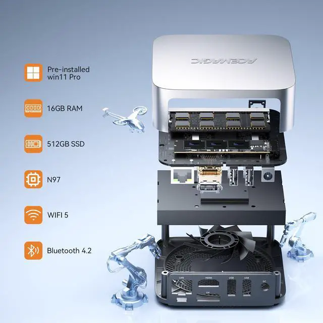 Alt view image 3 of 7 - ACEMAGIC Mini PC v1 with 12th Alder Lake-N97 (4C/4T, Up to 3.6GHz), 16GB RAM LPDDR5 512GB PCIe M.2 SSD Mini Desktop Computer Windows 11-4K Triple Display, WiFi 5, Dual LAN for Home/Office