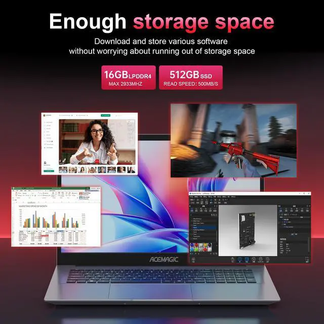 Alt view image 6 of 7 - ACEMAGIC Laptop Computer, 16GB DDR4 512GB SSD, 18.5 Inch Laptop with Intel Quad-Core N150(Up to 3.6GHz), Metal Shell, BT5.0, 5G WiFi, USB3.2, Type_C, Webcam, Long Battery Life, 180° Open Angle