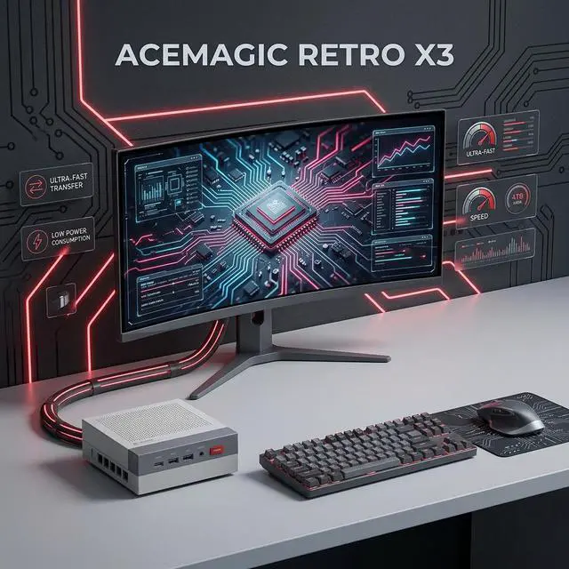 Alt view image 3 of 6 - ACEMAGIC Retro X3 Mini PC, AMD Ryzen 7 H255 8C/16T 4.9GHz, 16GB LPDDR5 512GB PCIe4.0 SSD, Radeon 780M Graphics, USB4, 8K Triple Display, 2.5G LAN, WiFi 6E BT5.2, 54W High Power, Windows 11 Pro, Gray