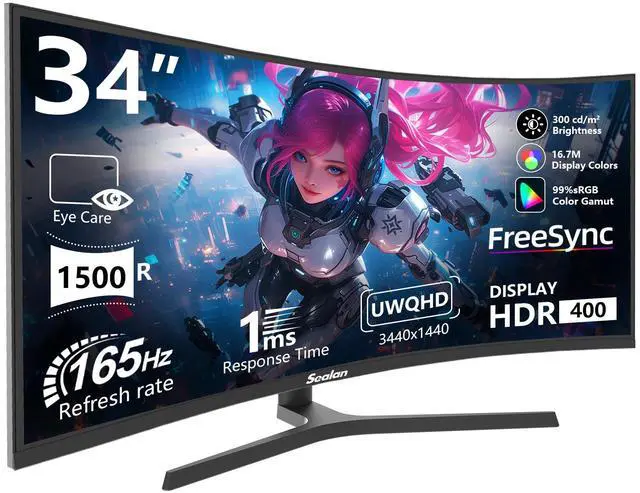 Main image of Sealan 34 Inch Curved Ultrawide Gaming Monitor, 21:9 UWQHD 3440x1440p 165Hz 1ms,1500R Curved Monitor,PIP/PBP,99% sRGB,FreeSync,HDMI 2.0 x2 & DP1.4 x 2,Eye Care,Support VESA 75x75mm