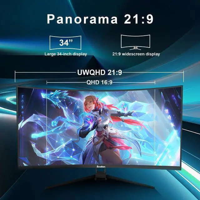 Alt view image 4 of 7 - Sealan 34 Inch Curved Gaming Monitor 165Hz,3440x1440 21:9 UWQHD, 1ms(MPRT),1500R, PIP/PBP,HDR400, 99% sRGB,300nits, FreeSync, HDMI2.0(TMDS) x2,DP1.4 x2, Eye Care, VESA(100 * 100mm)