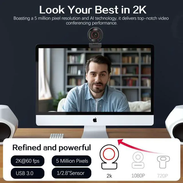 Alt view image 2 of 7 - Angetube AI Webcam for pc 2K@60FPS HD Web Camera with Remote Control, 8X Digital Zoom Webcam, Privacy Cover, TOF Auto Focus, Auto Light Correction, HDR, USB 3.0 Web Cam Work with Zoom, Teams, Mac