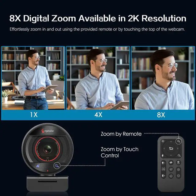 Alt view image 4 of 7 - Angetube AI Webcam for pc 2K@60FPS HD Web Camera with Remote Control, 8X Digital Zoom Webcam, Privacy Cover, TOF Auto Focus, Auto Light Correction, HDR, USB 3.0 Web Cam Work with Zoom, Teams, Mac