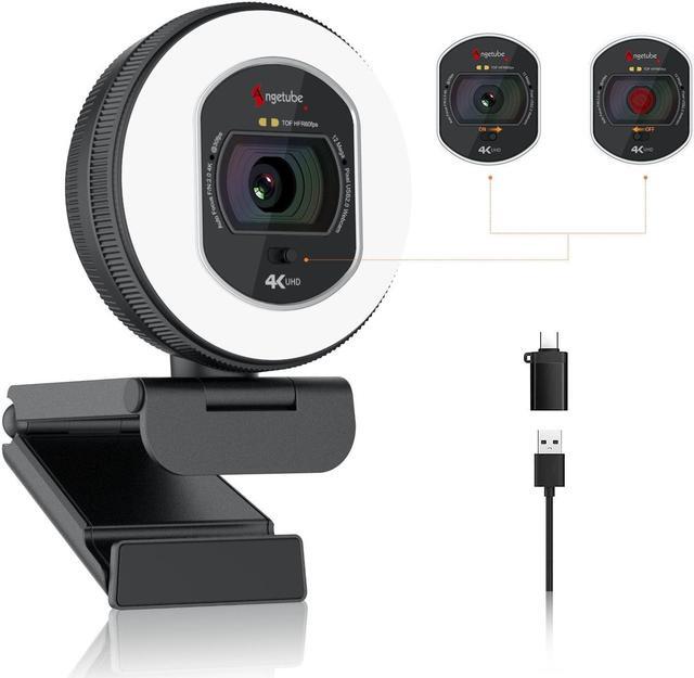 Angetube 4K Webcam with Light for PC UHD 4K TOF Auto Focus Dual AI Noise Cancelling Mics 1080p 60FPS USB Streaming Webcam w Privacy Cover for