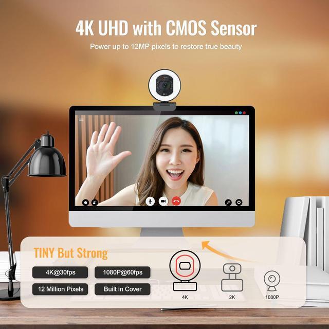 Alt view image 5 of 7 - Angetube 4K Webcam with Light for PC: UHD 4K, TOF Auto Focus, Dual AI Noise-Cancelling Mics, 1080p@60FPS, USB Streaming Webcam w/Privacy Cover for Laptop/Mac/Desktop/PC Work w/Zoom/Teams/Google Meet