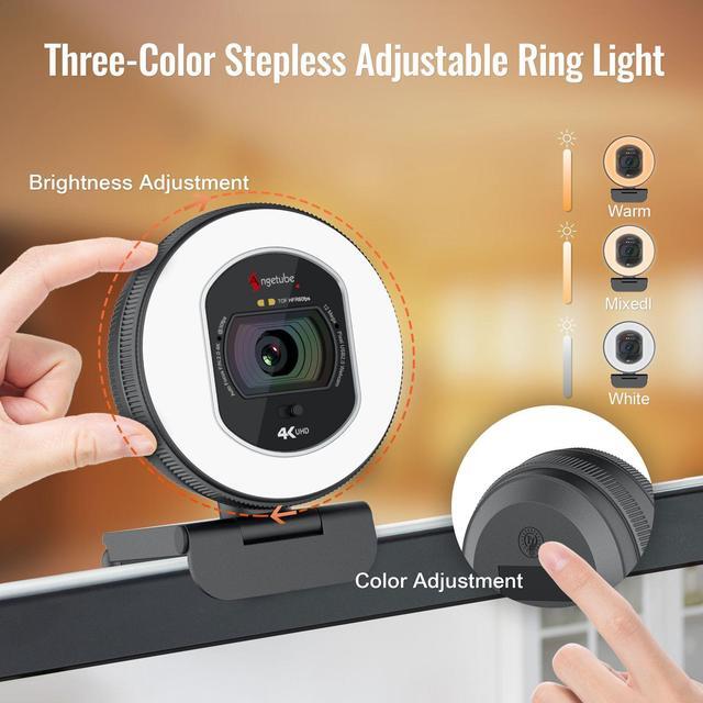 Alt view image 2 of 7 - Angetube 4K Webcam with Light for PC: UHD 4K, TOF Auto Focus, Dual AI Noise-Cancelling Mics, 1080p@60FPS, USB Streaming Webcam w/Privacy Cover for Laptop/Mac/Desktop/PC Work w/Zoom/Teams/Google Meet