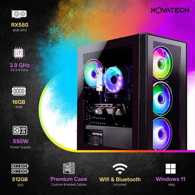 Novatech Phantom - Gaming PC Computer Desktop - RX 580 8GB - Intel i7 Xeon  E3 3.5-3.9GHz - 16GB RAM - 512GB SSD WiFi BT-5.0, Win 10 Pro, RGB Fans - 