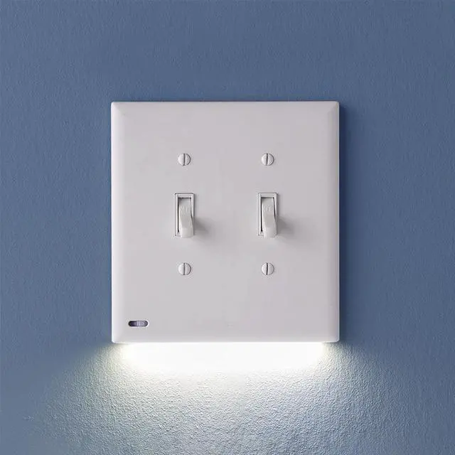 Main image of SnapPower SwitchLight Cover [Double-Gang] - Light Switch Wall Plate with Built-in LED Night Lights - Bright/Dim/Off Options - Auto On/Off Sensor - (Toggle, White)