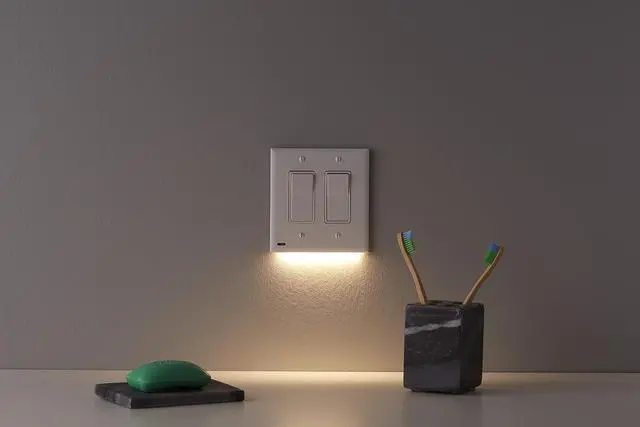 Alt view image 5 of 6 - SnapPower SwitchLight Cover [Double-Gang] - Light Switch Wall Plate with Built-in LED Night Lights - Bright/Dim/Off Options - Auto On/Off Sensor - (Toggle, White)