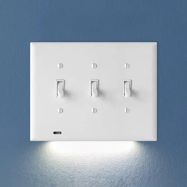 Main image of SnapPower SwitchLight Cover [Triple-Gang] - Light Switch Wall Plate with Built-in LED Night Lights - Bright/Dim/Off Options - Auto On/Off Sensor - (Toggle, White)