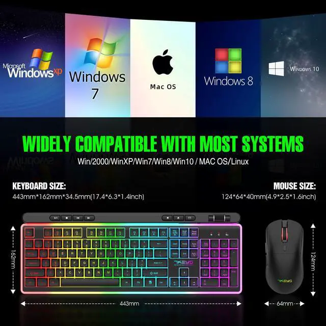 Alt view image 3 of 7 - 7KEYS Wireless Keyboard and Mouse Gaming Combo, Rechargeable 3600mA RGB Backlight, 6D Gaming Mouse 3200DPI for Computer Gaming and Laptop