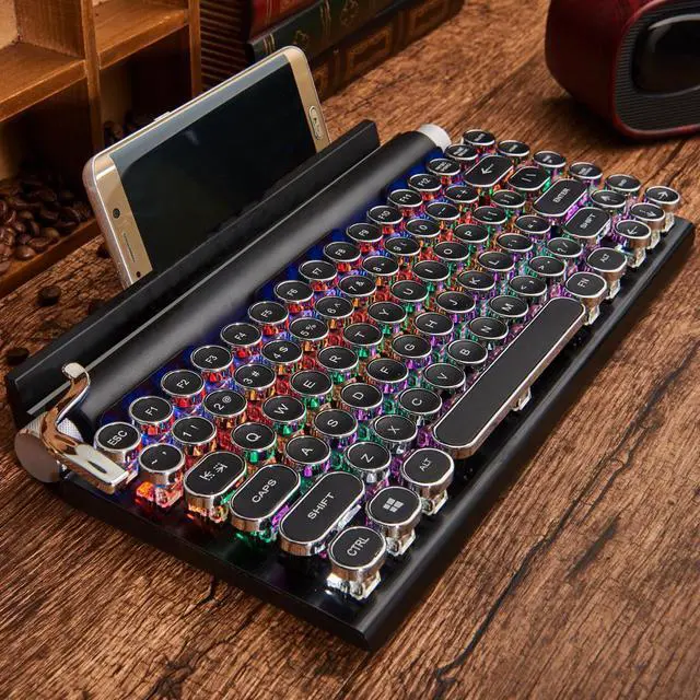 Alt view image 5 of 6 - 7KEYS Retro Typewriter Wireless Keyboard Style, Mechanical Keyboard with Bluetooth 5.0 and 14 Mode White Blacklight Black / White Retro Classic Artisan Black