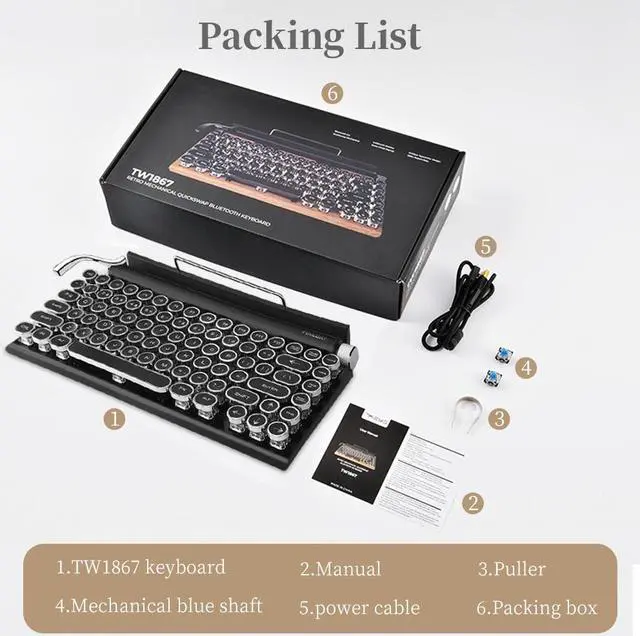 Alt view image 6 of 6 - 7KEYS Retro Typewriter Wireless Keyboard Style, Mechanical Keyboard with Bluetooth 5.0 and 14 Mode White Blacklight Black / White Retro Classic Artisan Black