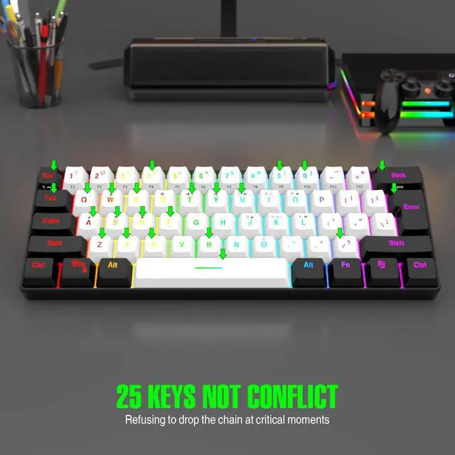 Alt view image 6 of 7 - 7KEYS Wired Gaming Keyboard 60% Mini RGB Backlight Small Keyboard Mechanical Feel 25 Keys Anti-conflict White / Black
