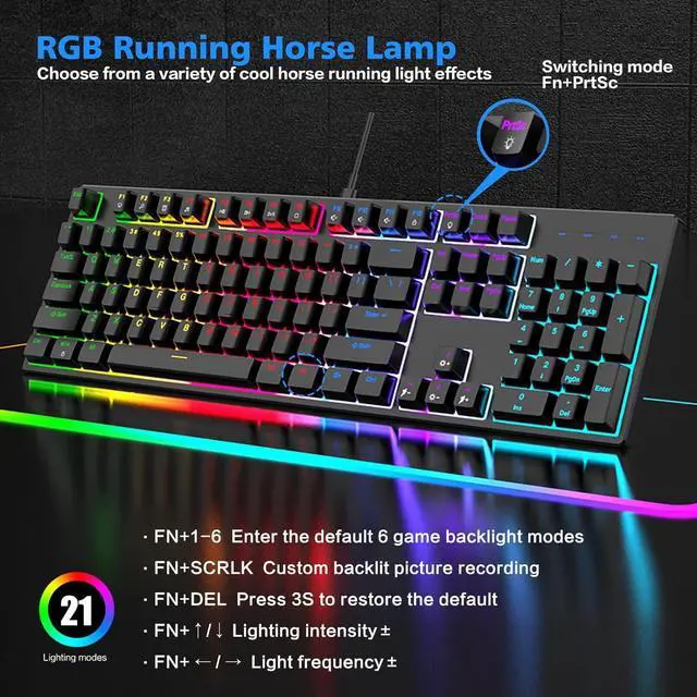 Alt view image 2 of 6 - Full Size Mechanical Keyboard, Type-c Gaming Keyboard/Blue Switch, Durable Abs Keycaps/104-Key/21 RGB Modes, LED Backlit Wired Keyboards for Windows, PC, Gamers, Programmers, and Typists