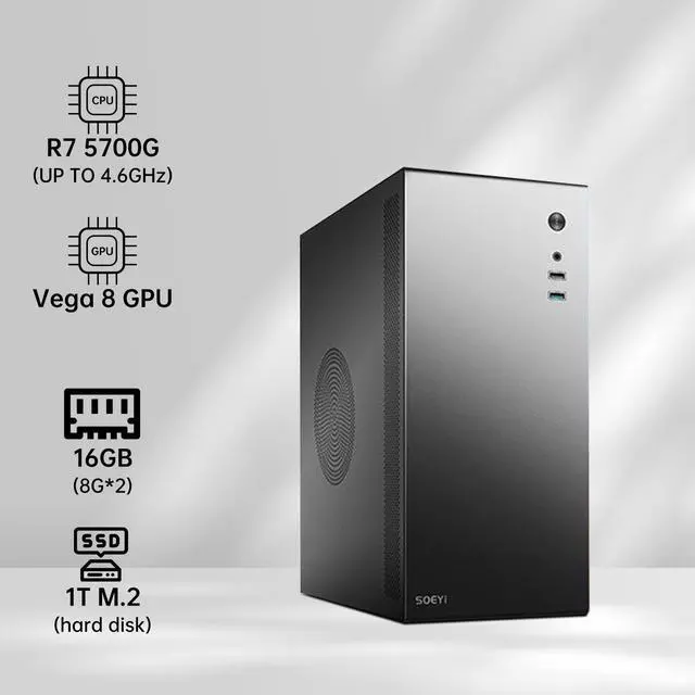 Alt view image 4 of 6 - AOACE Gaming PC Desktop Computer, AMD Ryzen 7 5700G 3.8GHz, AMD Radeon Vega 8 Graphics,16GB DDR4, NVME 1TB SSD,WiFi6 & Bluetooth, Windows 11 Home,Small and simple chassis