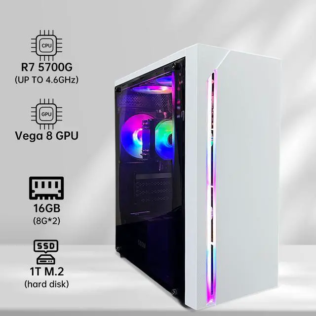 Alt view image 3 of 7 - AOACE Gaming PC Desktop Computer, AMD Ryzen 7 5700G 3.8GHz, AMD Radeon Vega 8 Graphics,16GB DDR4, NVME 1TB SSD,WiFi6 & Bluetooth, Small and simple chassis White