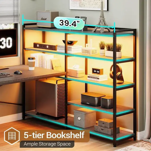Alt view image 5 of 7 - Corner Computer Desk, Reversible U Shaped Office Desk with 3 Fabric Drawers and Power Outlet, Corner Gaming Desk with LED Lights, Storage Shelves, Grey