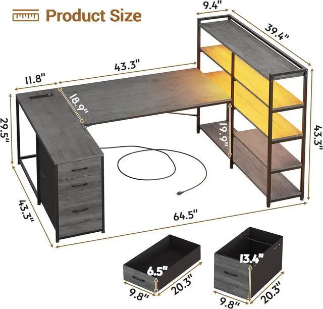 Alt view image 3 of 7 - Corner Computer Desk, Reversible U Shaped Office Desk with 3 Fabric Drawers and Power Outlet, Corner Gaming Desk with LED Lights, Storage Shelves, Grey