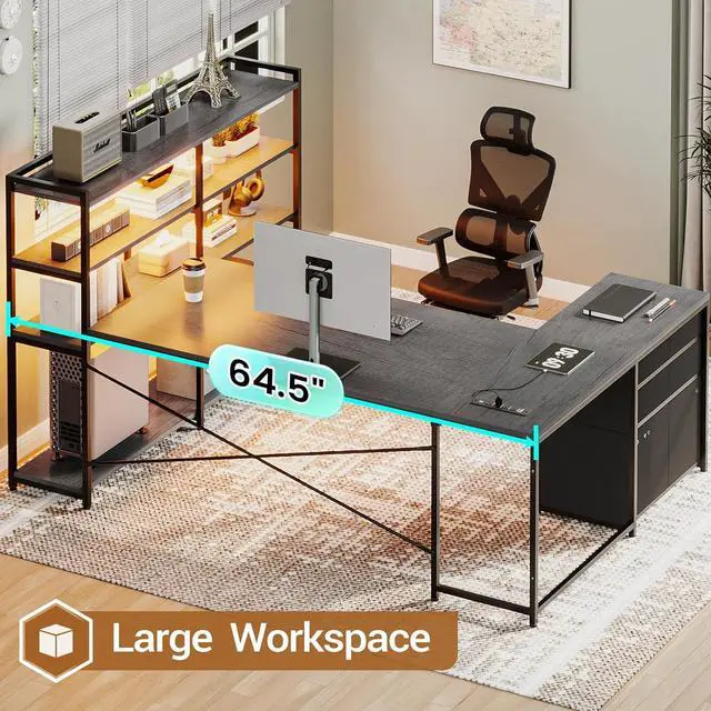 Alt view image 4 of 7 - Corner Computer Desk, Reversible U Shaped Office Desk with 3 Fabric Drawers and Power Outlet, Corner Gaming Desk with LED Lights, Storage Shelves, Grey