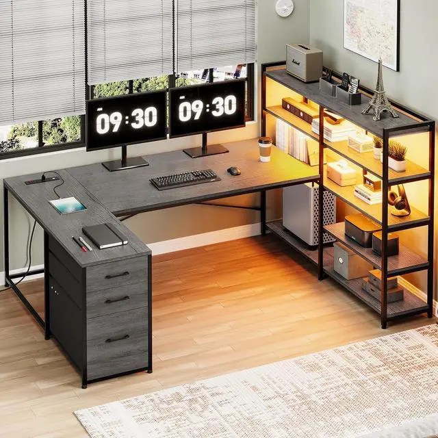 Main image of Corner Computer Desk, Reversible U Shaped Office Desk with 3 Fabric Drawers and Power Outlet, Corner Gaming Desk with LED Lights, Storage Shelves, Grey