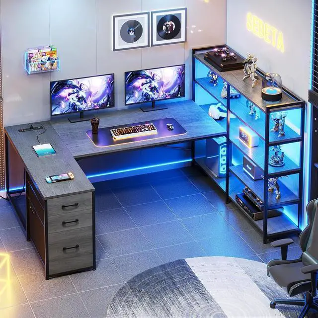 Alt view image 2 of 7 - Corner Computer Desk, Reversible U Shaped Office Desk with 3 Fabric Drawers and Power Outlet, Corner Gaming Desk with LED Lights, Storage Shelves, Grey