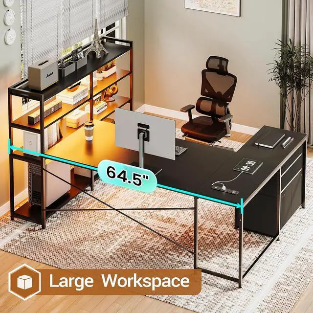 Alt view image 4 of 7 - L Shaped Gaming Desk, Reversible U Shaped Computer Desk with Power Outlet and Storage Shelves, Corner Gaming Desk with LED Lights, 3 Fabric Drawers, Black