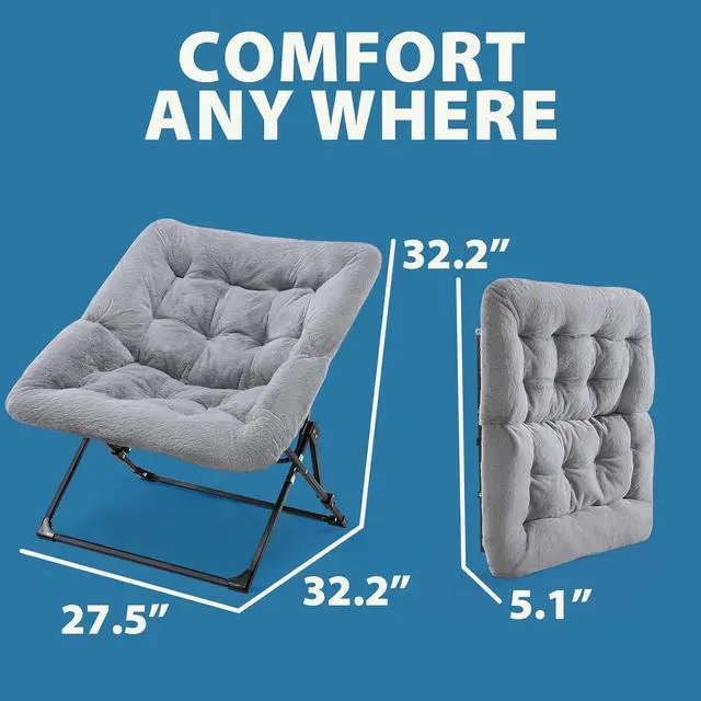 Alt view image 6 of 6 - Comfy Saucer Chair for Adults, Soft Faux Fur Folding Lounge Chair for Bedroom Living Room Dorm Rooms Flexible Reading Chair for Teens Kids, X-Large Foldable Chair (Faux Fur-Grey)