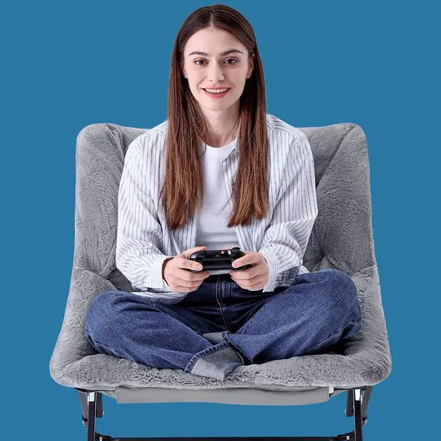 Alt view image 5 of 6 - Comfy Saucer Chair for Adults, Soft Faux Fur Folding Lounge Chair for Bedroom Living Room Dorm Rooms Flexible Reading Chair for Teens Kids, X-Large Foldable Chair (Faux Fur-Grey)