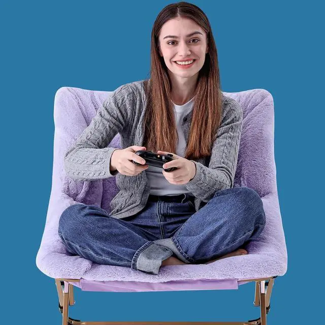 Alt view image 5 of 6 - Comfy Saucer Chair for Adults, Soft Faux Fur Folding Lounge Chair for Bedroom Living Room Dorm Rooms Flexible Reading Chair for Teens Kids, X-Large Foldable Chair (Faux Fur-Lavender)