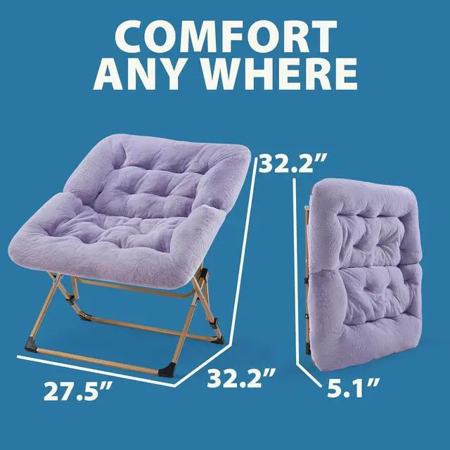 Alt view image 4 of 6 - Comfy Saucer Chair for Adults, Soft Faux Fur Folding Lounge Chair for Bedroom Living Room Dorm Rooms Flexible Reading Chair for Teens Kids, X-Large Foldable Chair (Faux Fur-Lavender)