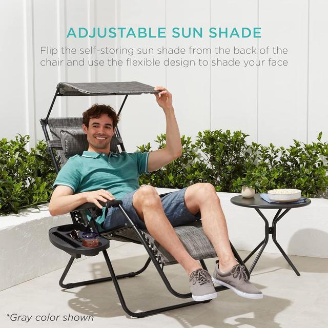 Alt view image 5 of 7 - Folding Zero Gravity Outdoor Recliner Patio Lounge Chair w/Adjustable Canopy Shade, Headrest, Side Accessory Tray, Textilene Mesh - Stardew