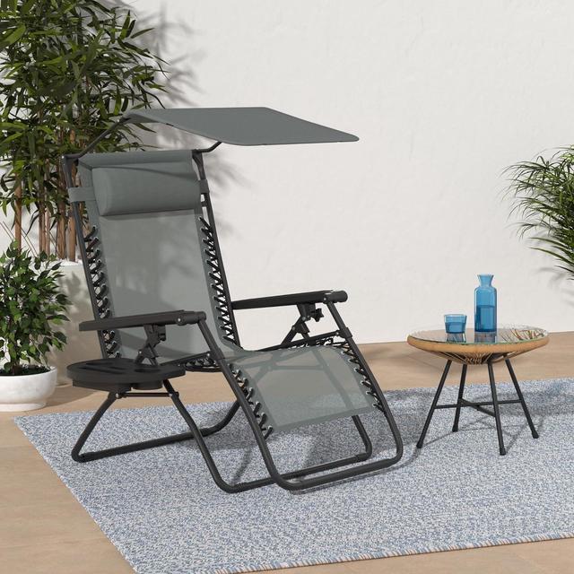 Alt view image 6 of 7 - Folding Zero Gravity Outdoor Recliner Patio Lounge Chair w/Adjustable Canopy Shade, Headrest, Side Accessory Tray, Textilene Mesh - Stardew