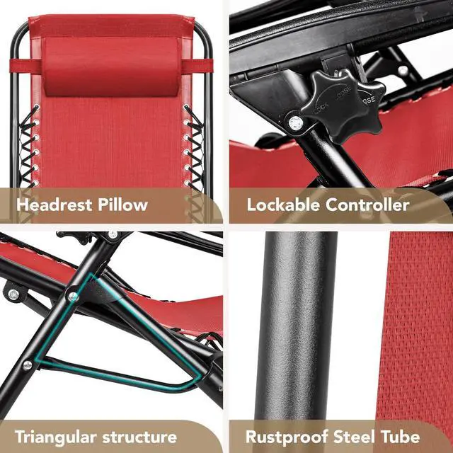 Alt view image 7 of 7 - Patio Zero Gravity Chair Outdoor Folding Adjustable Reclining Chairs Pool Side Using Lawn Lounge Chair with Pillow Set of 2 (Red)